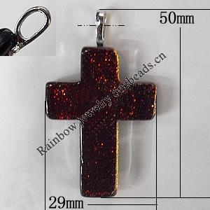 Dichroic Lampwork Glass Pendant with Metal Alloy Head, Cross, 50x29mm Hole:7x4mm Sold by PC
