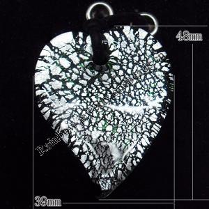 Silver Foil Lampwork Pendant, Heart 48x39mm Hole:3mm, Sold by PC