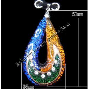 Lampwork Pendant with Acrylic Zircon and Metal Alloy Head, Teardrop 61x35mm Hole:5x4mm, Sold by PC