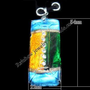 Lampwork Pendant with Acrylic Zircon and Metal Alloy Head, Rectangle 50x22mm Hole:5x4mm, Sold by PC