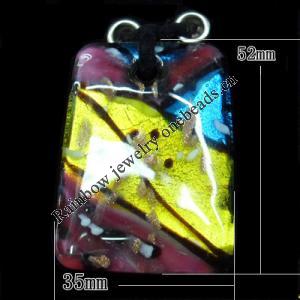 Gold Sand Lampwork Pendant with Metal Alloy Head, Rectangle 52x35mm Hole:2mm, Sold by PC