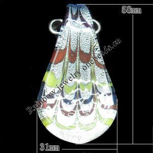 Silver Foil Lampwork Pendant, Leaf 58x31mm Hole:5mm, Sold by PC