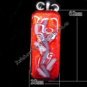 Silver Foil Lampwork Pendant with Metal Alloy Head, Rectangle 62x28mm Hole:7x4mm, Sold by PC