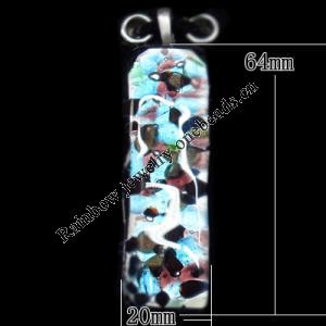 Murano Lampwork Pendant with Metal Alloy Head, Rectangle 64x20mm Hole:7x4mm, Sold by PC