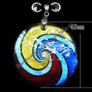 Silver Foil Lampwork Pendant with Metal Alloy Head, Flat Round 47x24mm Hole:5x4mm, Sold by PC