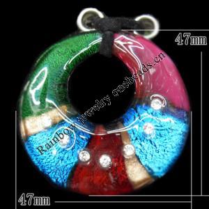 Silver Foil Lampwork Pendant with Acrylic Zircon, Donut 47x47mm Hole:19mm, Sold by PC