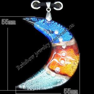 Silver Foil Lampwork Pendant with Acrylic Zircon and Metal Alloy Head, Moon 55x55mm Hole:5x4mm, Sold by PC