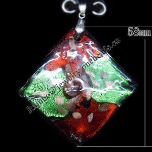 Silver Foil Lampwork Pendant with Metal Alloy Head, Diamond 58mm Hole:3mm, Sold by PC