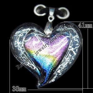 Murano Lampwork Pendant with Metal Alloy Head, Heart 41x38mm Hole:5x4mm, Sold by PC
