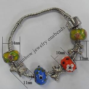 European Style Lampwork Bracelets, Copper chain with Lampwork Beads and Other Beads, Length:7.8 Inch, Sold by Strand