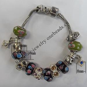 European Style Lampwork Bracelets, Copper chain with Lampwork Beads and Other Beads, Length:7.8 Inch, Sold by Strand