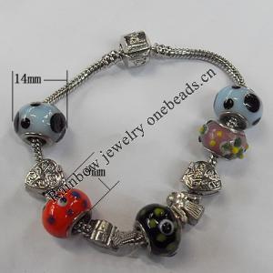 European Style Lampwork Bracelets, Copper chain with Lampwork Beads and Other Beads, Length:7.8 Inch, Sold by Strand