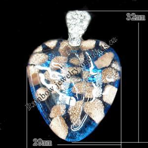 Silver Foil Lampwork Pendant with Metal Alloy Head, Heart 32x29mm Hole:5x4mm, Sold by PC