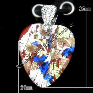 Silver Foil Lampwork Pendant with Metal Alloy Head, Heart 32x29mm Hole:5x4mm, Sold by PC