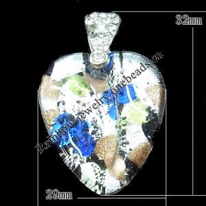 Silver Foil Lampwork Pendant with Metal Alloy Head, Heart 32x29mm Hole:5x4mm, Sold by PC