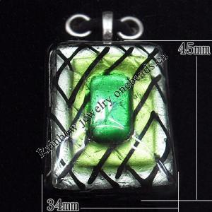 Lampwork Pendant with Metal Alloy Head, Rectangle 45x34mm Hole:7x4mm, Sold by PC