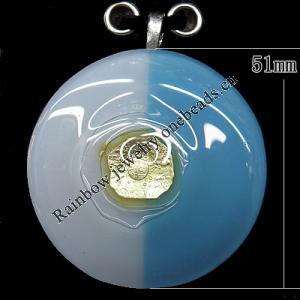 Lampwork Pendant with Metal Alloy Head, Flat Round 49mm Hole:7x4mm, Sold by PC
