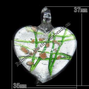 Silver Foil Lampwork Pendant, Heart 37x35mm Hole:4mm, Sold by PC