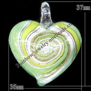 Silver Foil Lampwork Pendant, Heart 37x35mm Hole:4mm, Sold by PC