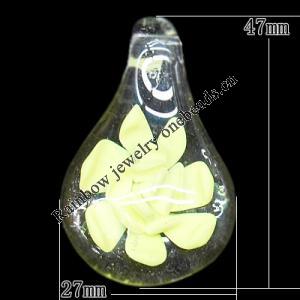 Inner Flower Lampwork Pendant, Leaf 47x27mm Hole:3mm, Sold by PC