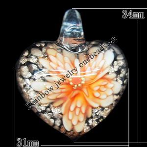 Inner Flower Lampwork Pendant, Heart 34x31mm Hole:3mm, Sold by PC