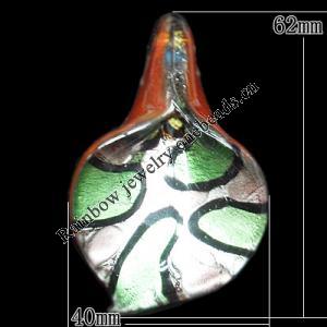 Silver Foil Lampwork Pendant, Twis Leaf 62x40mm Hole:6mm, Sold by PC