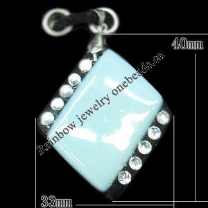 Lampwork Pendant with Acrylic zircon and Metal Alloy Head, Diamond 40x32mm Hole:5x4mm, Sold by PC
