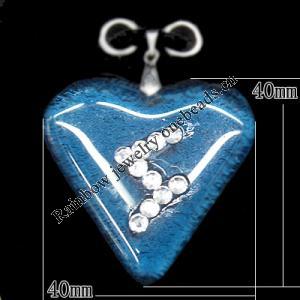 Lampwork Pendant with Acrylic zircon and Metal Alloy Head, Heart 40mm Hole:5x4mm, Sold by PC