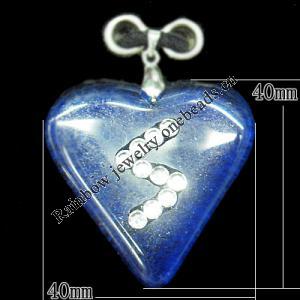 Lampwork Pendant with Acrylic zircon and Metal Alloy Head, Heart 40mm Hole:5x4mm, Sold by PC