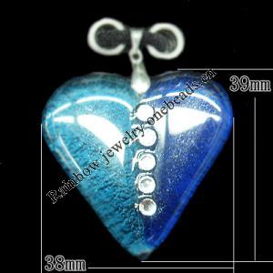 Lampwork Pendant with Acrylic zircon and Metal Alloy Head, Heart 39x38mm Hole:5x4mm, Sold by PC