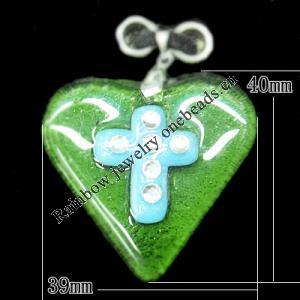 Lampwork Pendant with Acrylic zircon and Metal Alloy Head, Heart 40x39mm Hole:5x4mm, Sold by PC