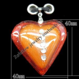 Lampwork Pendant with Acrylic zircon and Metal Alloy Head, Heart 40mm Hole:5x4mm, Sold by PC