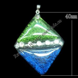 Lampwork Pendant with Acrylic zircon and Metal Alloy Head, Diamond 40mm Hole:5x4mm, Sold by PC