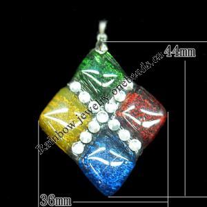 Lampwork Pendant with Acrylic zircon and Metal Alloy Head, Diamond 44x36mm Hole:5x4mm, Sold by PC