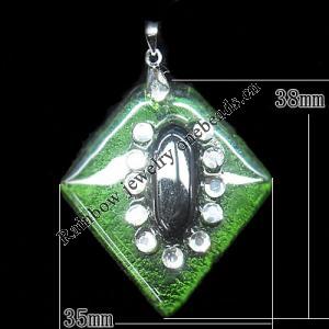Lampwork Pendant with Acrylic zircon and Metal Alloy Head, Diamond 38x35mm Hole:5x4mm, Sold by PC
