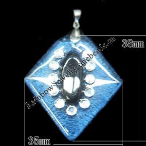 Lampwork Pendant with Acrylic zircon and Metal Alloy Head, Diamond 38x35mm Hole:5x4mm, Sold by PC