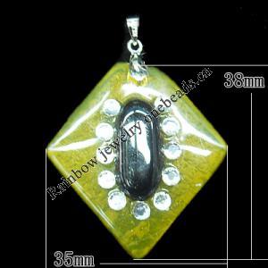 Lampwork Pendant with Acrylic zircon and Metal Alloy Head, Diamond 38x35mm Hole:5x4mm, Sold by PC