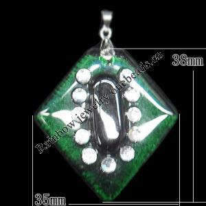 Lampwork Pendant with Acrylic zircon and Metal Alloy Head, Diamond 38x35mm Hole:5x4mm, Sold by PC