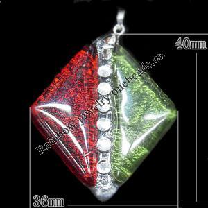 Lampwork Pendant with Acrylic zircon and Metal Alloy Head, Diamond 40x36mm Hole:5x4mm, Sold by PC