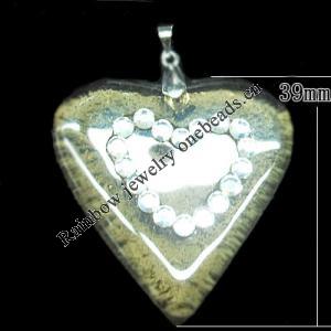 Lampwork Pendant with Acrylic zircon and Metal Alloy Head, Heart 39mm Hole:5x4mm, Sold by PC