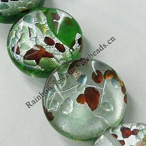 Silver Foil Lampwork Beads, Flat Round, 14mm, Length:16 Inch Sold by Strand