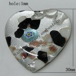 Silver Foil Lampwork Pendant, Heart, 30mm Hole:1mm, Sold by PC