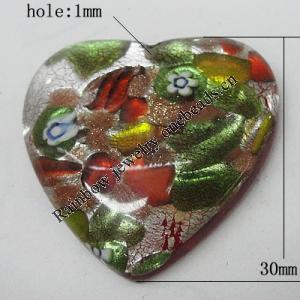 Silver Foil Lampwork Pendant, Heart, 30mm Hole:1mm, Sold by PC