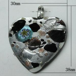 Silver Foil Lampwork Pendant with Metal Alloy Head, Heart, 38x30mm Hole:7x4mm, Sold by PC