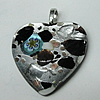Silver Foil Lampwork Pendant with Metal Alloy Head, Heart, 38x30mm Hole:7x4mm, Sold by PC