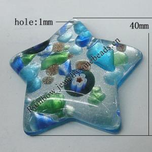 Silver Foil Lampwork Pendant, Star, 40mm Hole:1mm, Sold by PC