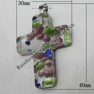 Silver Foil Lampwork Pendant, with Metal Alloy Head, Cross, 40x30mm Hole:1mm, Sold by PC