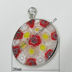 Silver Foil Lampwork Pendant with Metal Alloy Head, Flat Round, 26mm Hole:1mm, Sold by PC