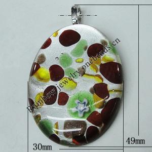 Silver Foil Lampwork Pendant with Metal Alloy Head, Flat Oval, 49x30mm Hole:7x4mm, Sold by PC