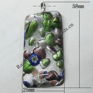 Silver Foil Lampwork Pendant with Metal Alloy Head, Rectangle, 58x25mm Hole:7x4mm, Sold by PC